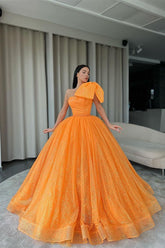 Classy Orange Sequins One Shoulder Ball Gown Prom Dress with Bowknot